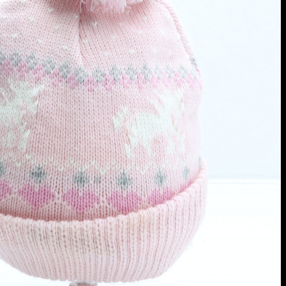 Primark Girls Pink Fair Isle Acrylic Beanie Size M - Unicorn