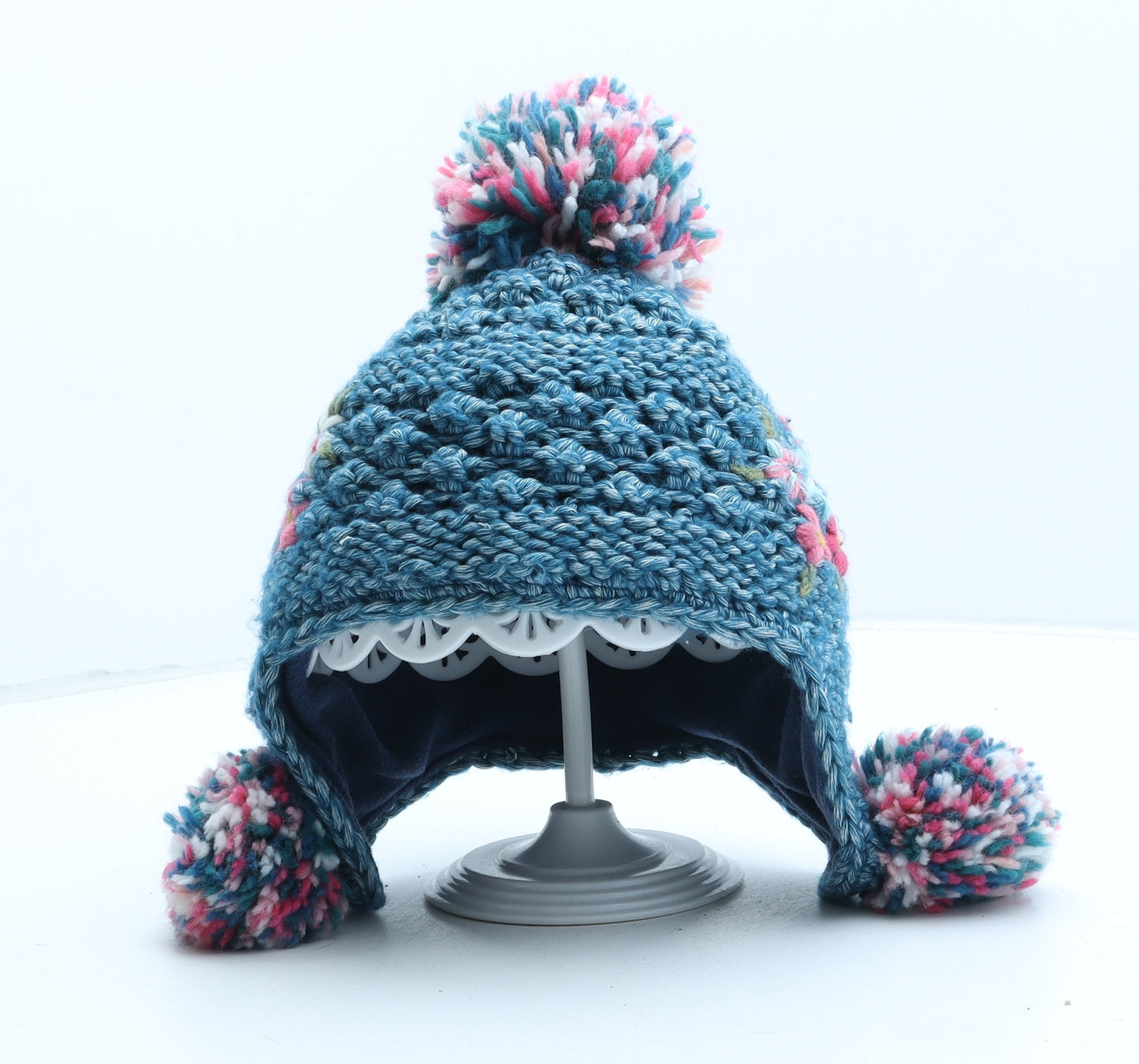 NEXT Girls Blue Floral Cotton Bobble Hat One Size - UK Size 1-2 Years