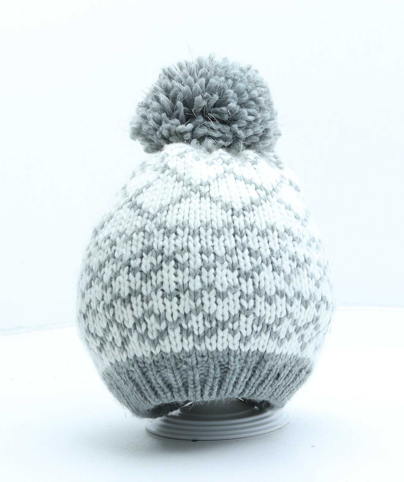 Primark Womens Grey Fair Isle Acrylic Bobble Hat One Size