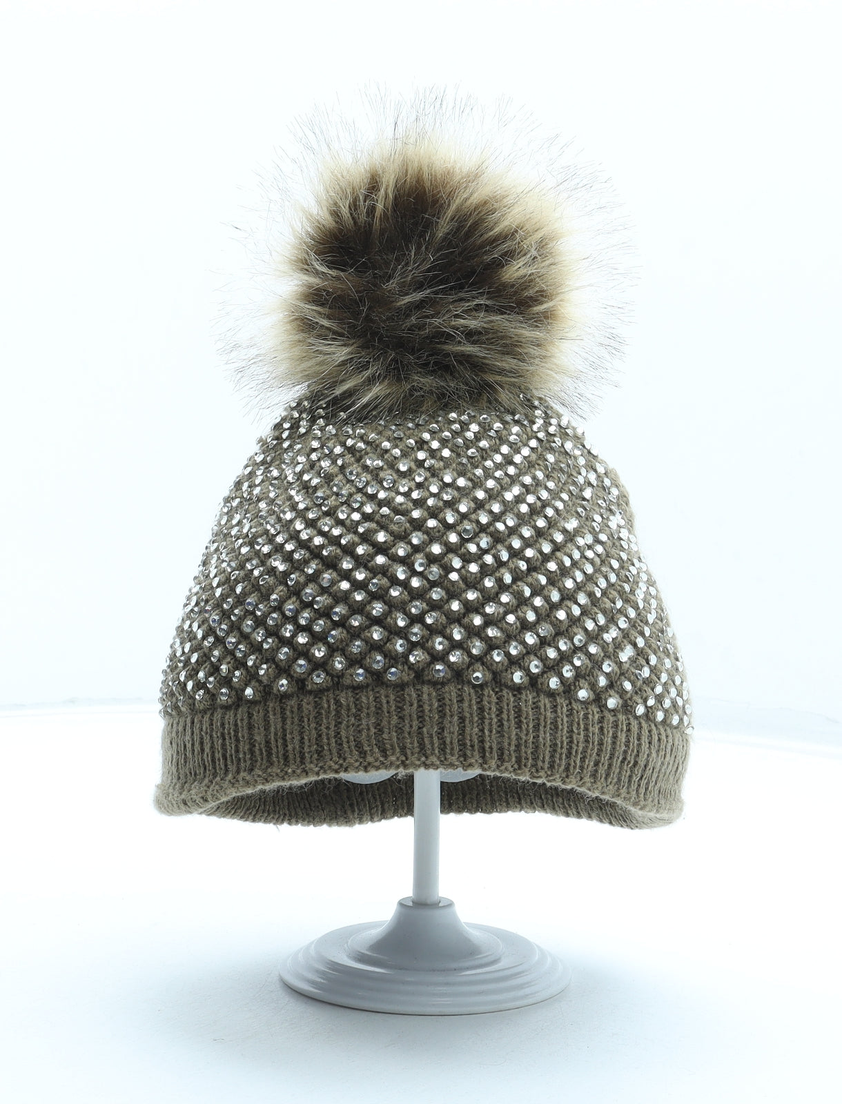 Preworn Womens Brown Acrylic Bobble Hat One Size - Faux Fur