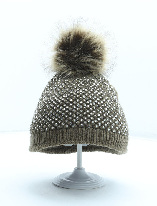 Preworn Womens Brown Acrylic Bobble Hat One Size - Faux Fur