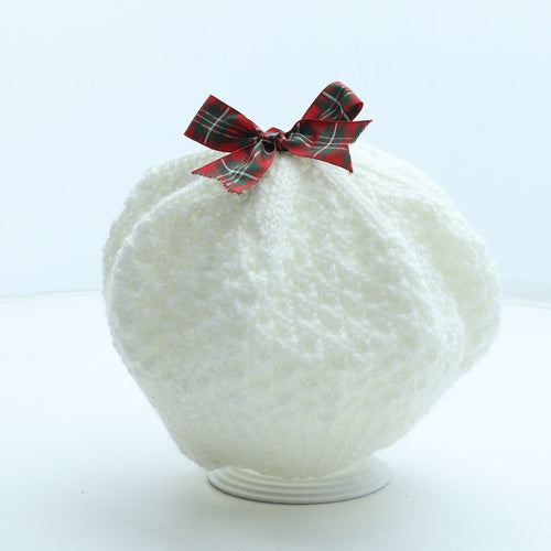 Preworn Womens White Acrylic Beret One Size - Plaid Ribbon