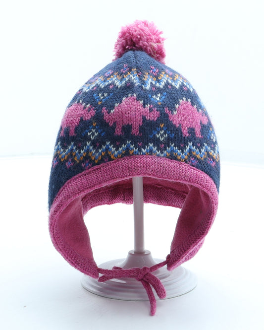 JoJo Maman Bébé Girls Blue Fair Isle Acrylic Bobble Hat Size S - Dinosaur Size 1-2 Years