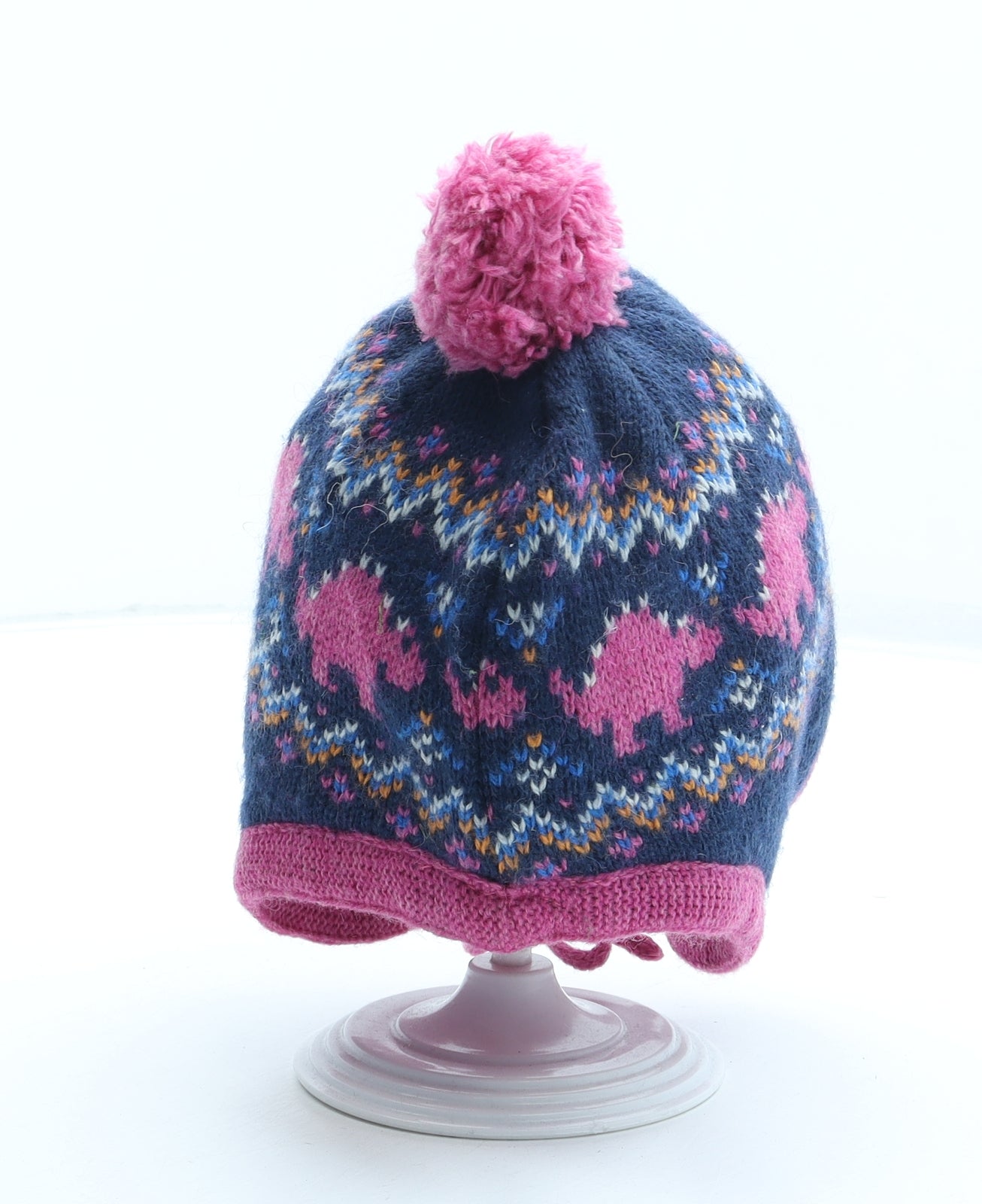 JoJo Maman Bébé Girls Blue Fair Isle Acrylic Bobble Hat Size S - Dinosaur Size 1-2 Years