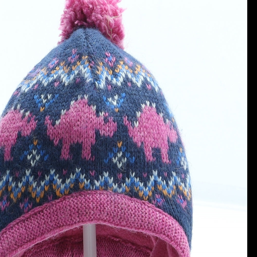 JoJo Maman Bébé Girls Blue Fair Isle Acrylic Bobble Hat Size S - Dinosaur Size 1-2 Years