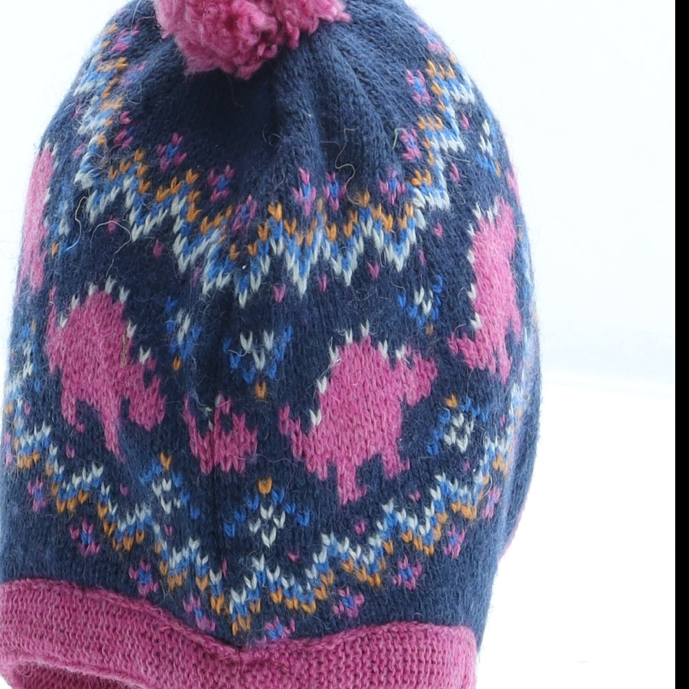 JoJo Maman Bébé Girls Blue Fair Isle Acrylic Bobble Hat Size S - Dinosaur Size 1-2 Years
