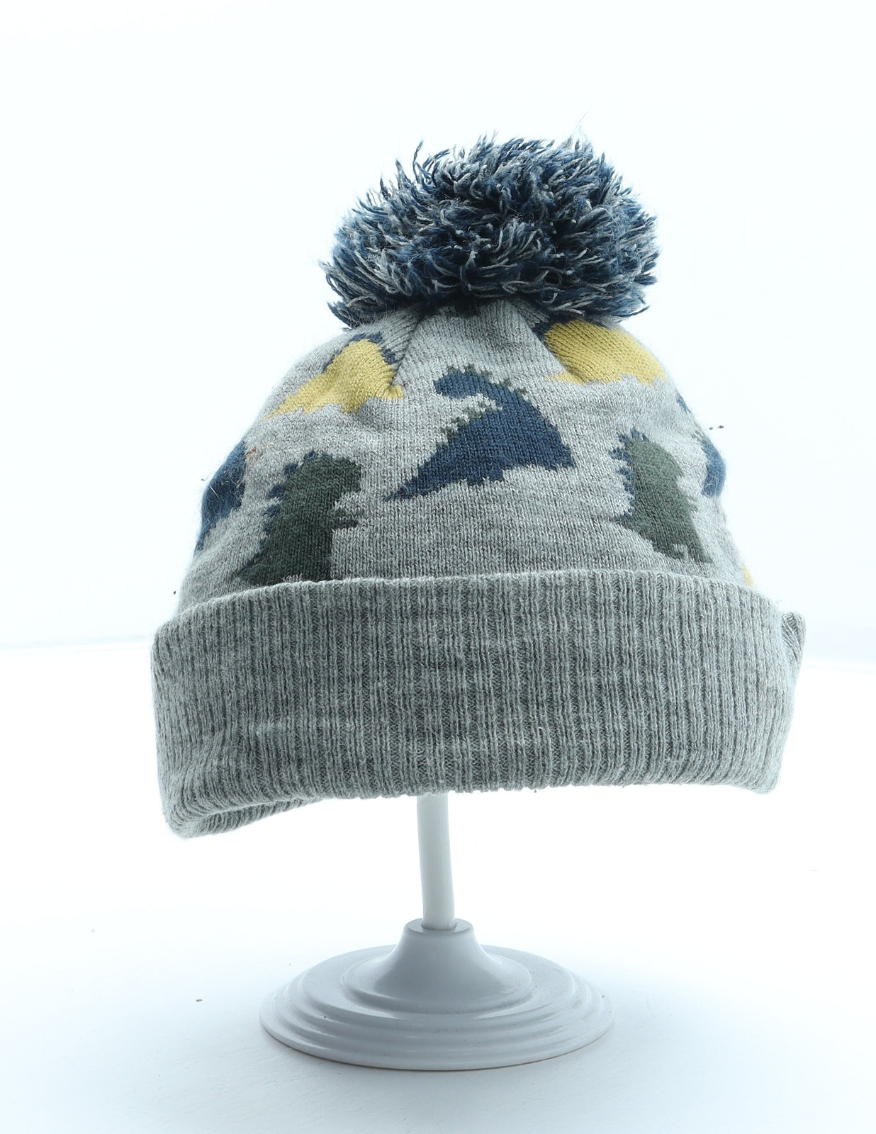 George Boys Grey Geometric Acrylic Bobble Hat One Size - Dinosaur Size 1-2 Years