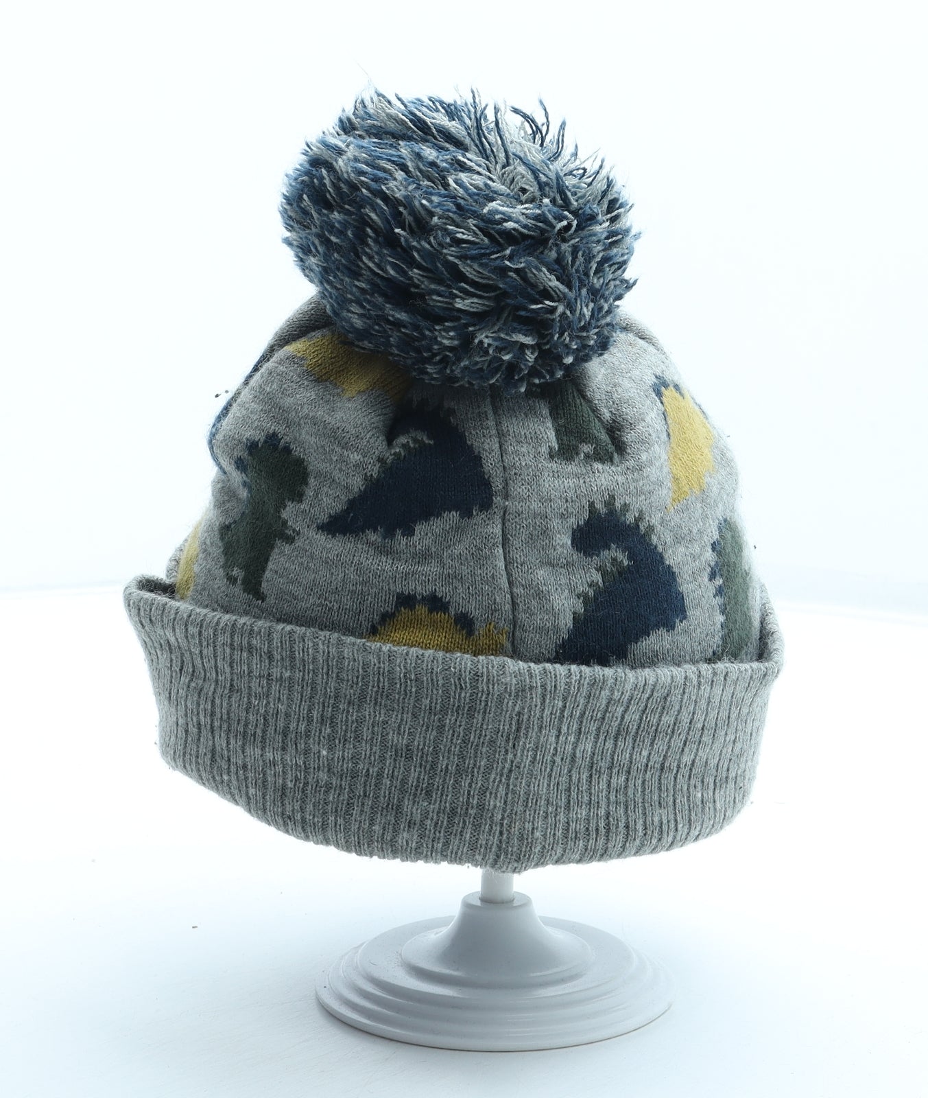 George Boys Grey Geometric Acrylic Bobble Hat One Size - Dinosaur Size 1-2 Years
