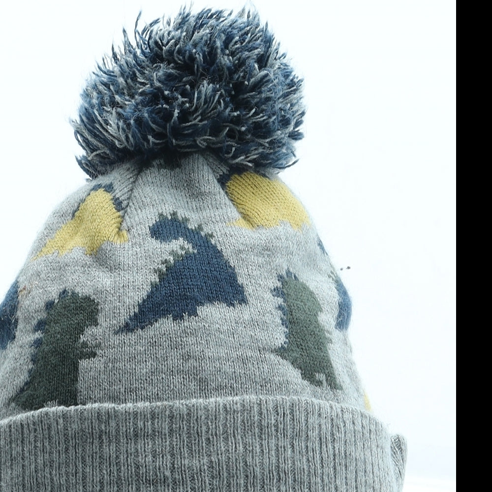 George Boys Grey Geometric Acrylic Bobble Hat One Size - Dinosaur Size 1-2 Years