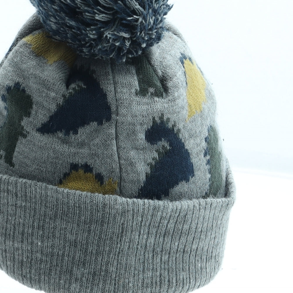 George Boys Grey Geometric Acrylic Bobble Hat One Size - Dinosaur Size 1-2 Years