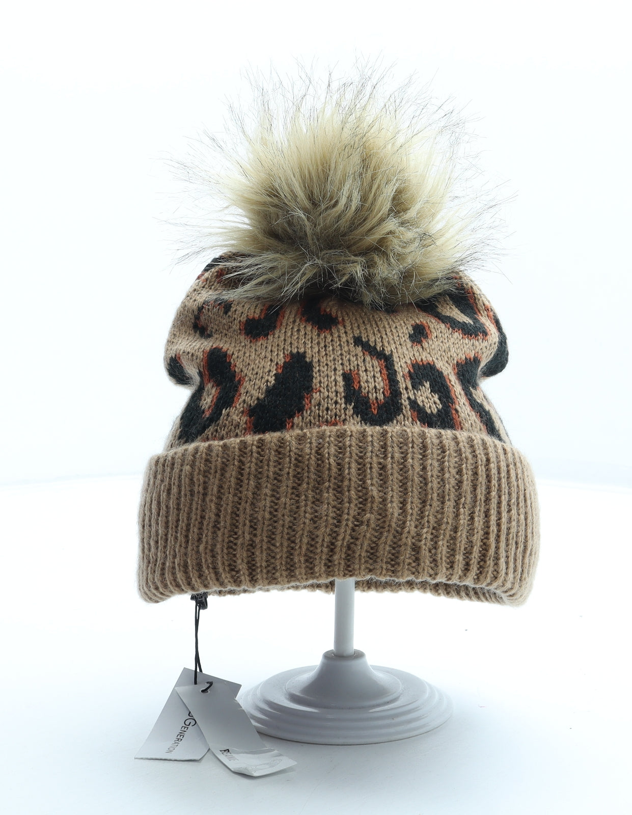 BCBGeneration Womens Brown Animal Print Acrylic Bobble Hat One Size - Leopard Print