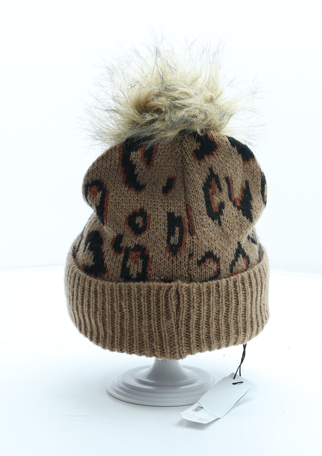 BCBGeneration Womens Brown Animal Print Acrylic Bobble Hat One Size - Leopard Print