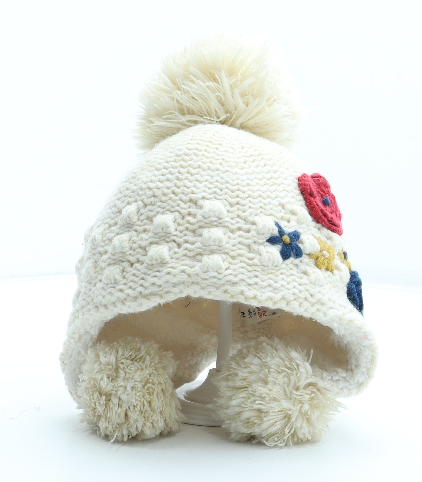 TU Girls White Acrylic Bobble Hat One Size - Flower Detail Size 3-6 Years