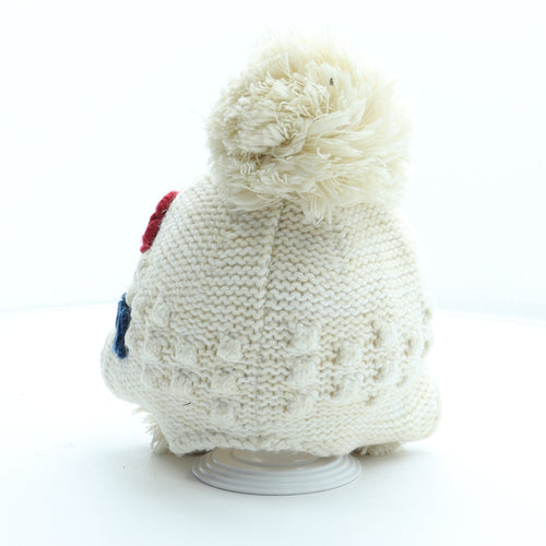 TU Girls White Acrylic Bobble Hat One Size - Flower Detail Size 3-6 Years