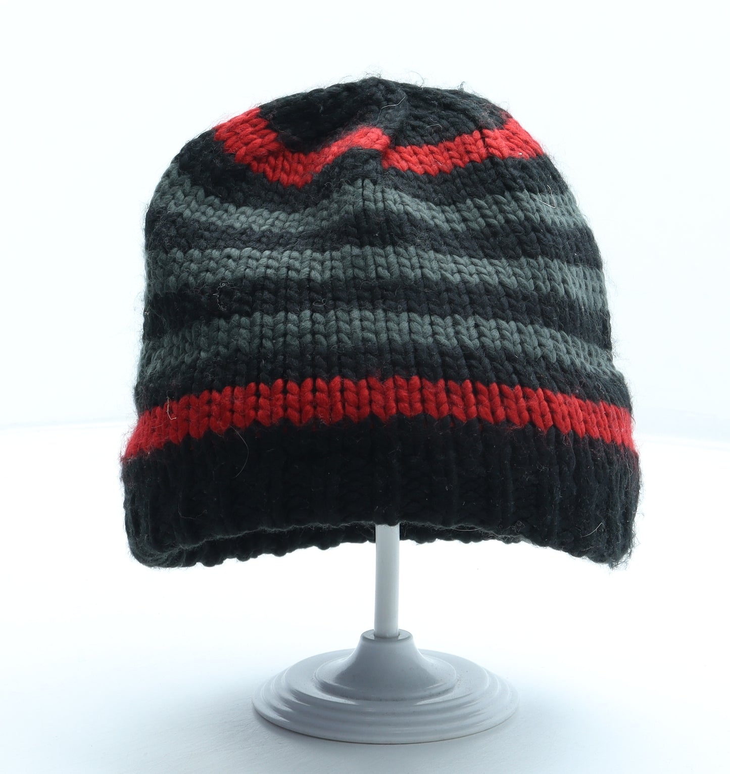 Preworn Mens Black Striped Acrylic Beanie One Size