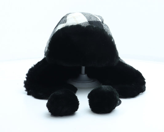 Preworn Womens Black Gingham Acrylic Trapper Hat One Size - Faux Fur Pom Pom
