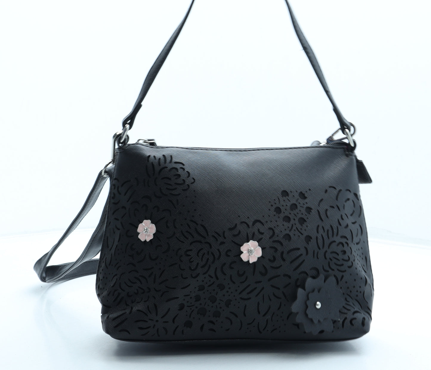 Deichmann Womens Black Floral Polyurethane Crossbody Size Small - Flower Detail
