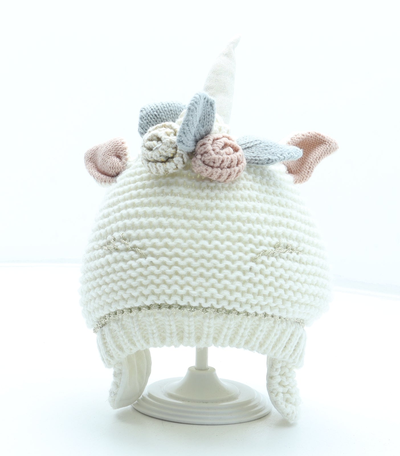 NEXT Girls White Acrylic Winter Hat Size S - Unicorn Size 5-6 Years
