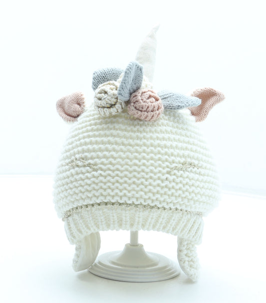 NEXT Girls White Acrylic Winter Hat Size S - Unicorn Size 5-6 Years