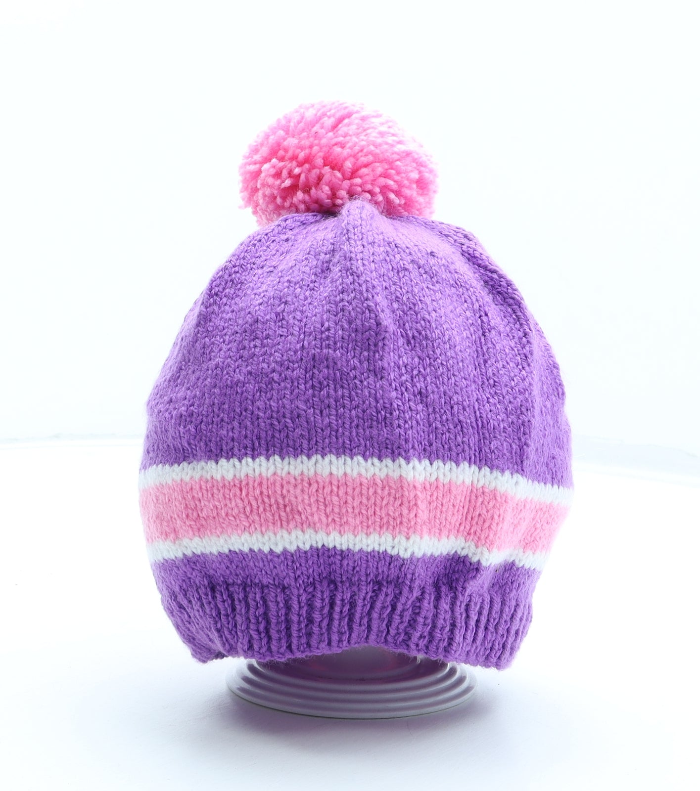 Preworn Womens Purple Striped Acrylic Bobble Hat One Size