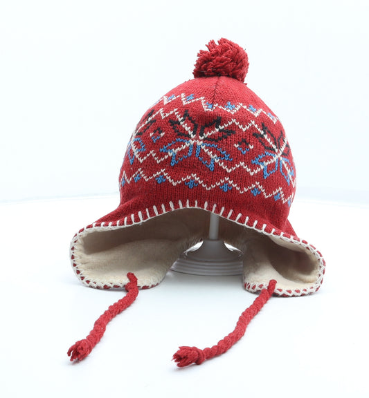 Preworn Girls Red Fair Isle Acrylic Bobble Hat Size S