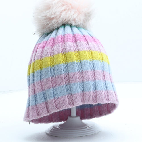 MH Girls Multicoloured Striped Wool Bobble Hat One Size