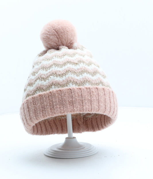 George Girls Pink Striped Polyester Bobble Hat One Size - UK Size 1-3 Year