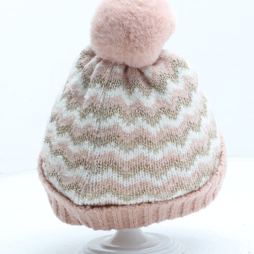 George Girls Pink Striped Polyester Bobble Hat One Size - UK Size 1-3 Year