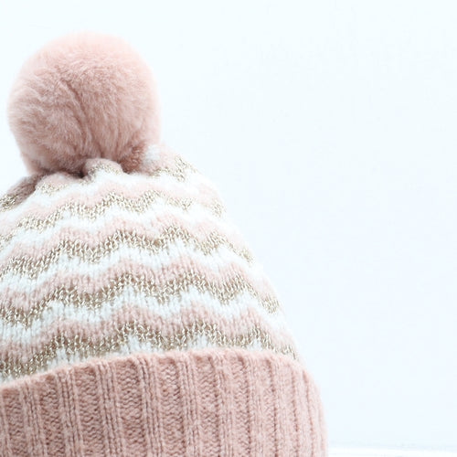 George Girls Pink Striped Polyester Bobble Hat One Size - UK Size 1-3 Year