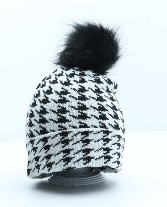 Studio Womens White Houndstooth Acrylic Bobble Hat One Size