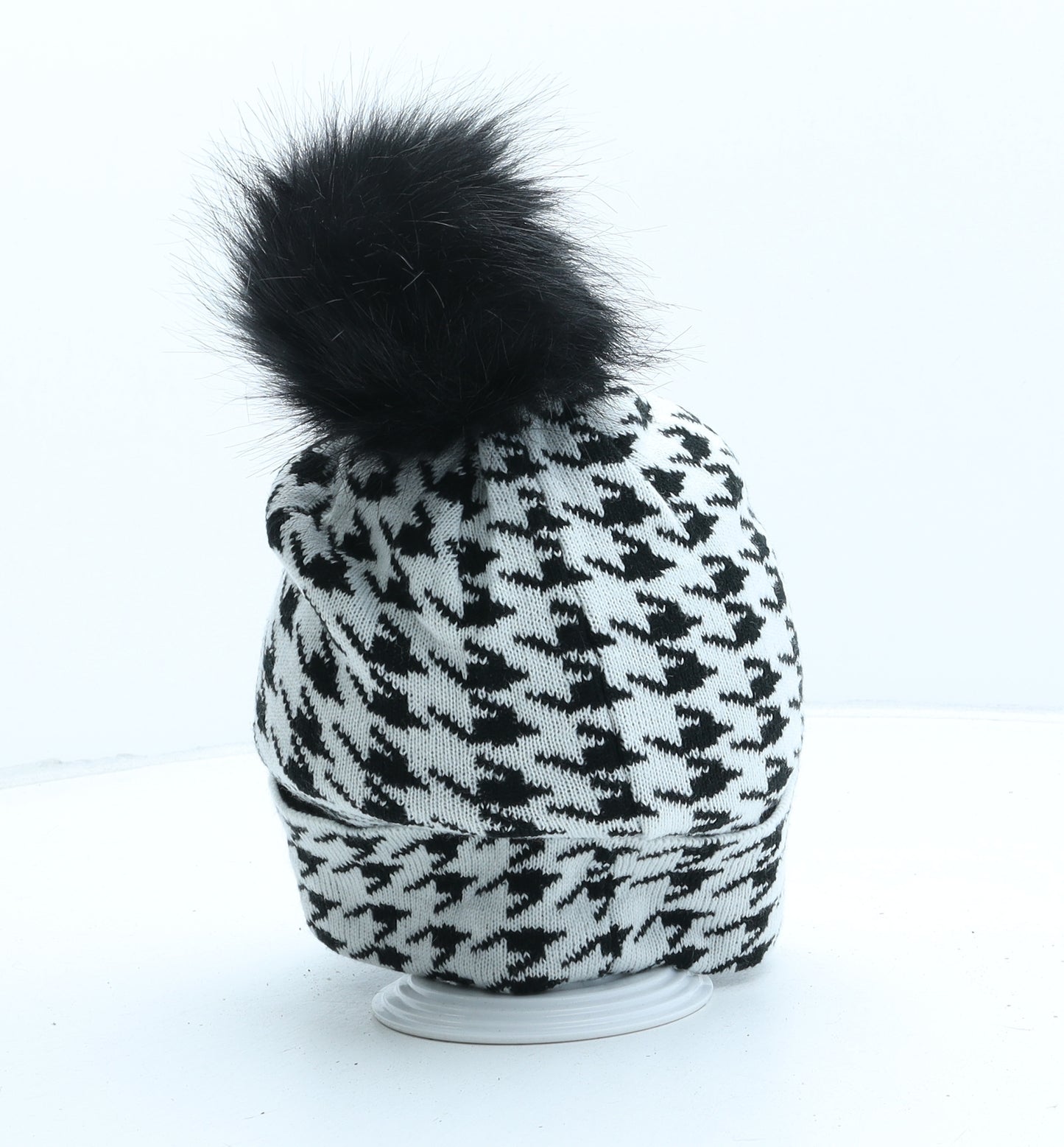 Studio Womens White Houndstooth Acrylic Bobble Hat One Size