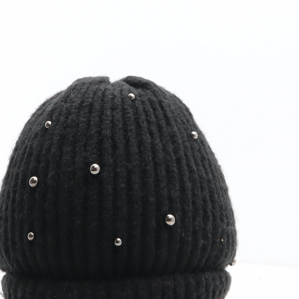 Primark Womens Black Acrylic Beanie One Size - Pearl Details