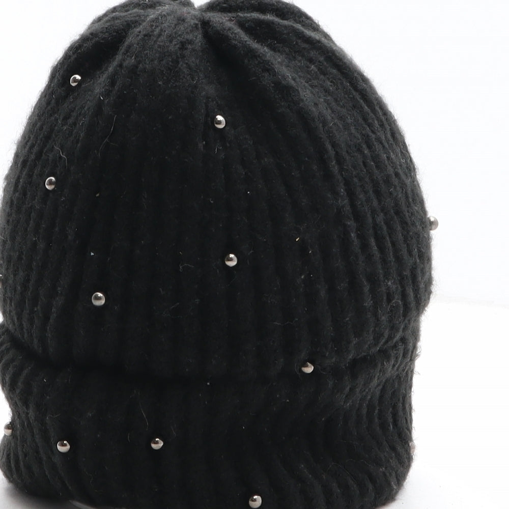 Primark Womens Black Acrylic Beanie One Size - Pearl Details