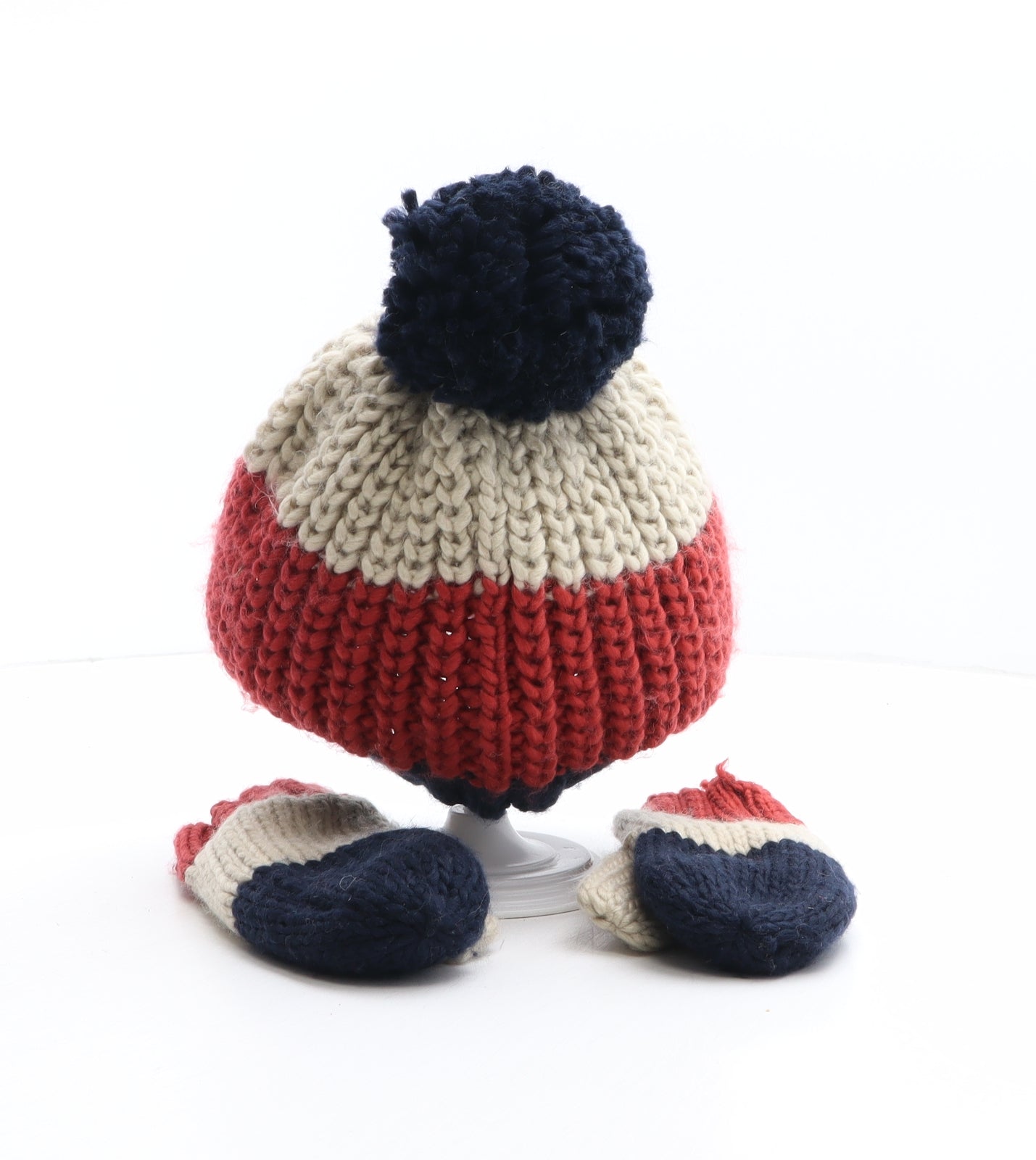 Marks and Spencer Boys Multicoloured Colourblock Acrylic Bobble Hat One Size - Size 3-6 years, Mittens Included