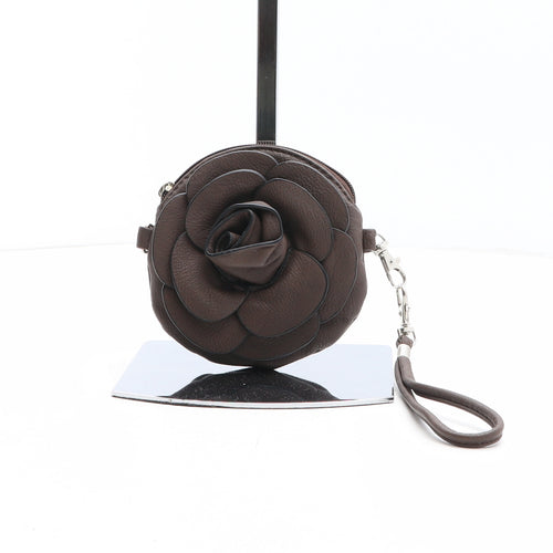 Preworn Womens Brown Solid Polyurethane Clutch Size Micro - Rose Detail, Belt Loop