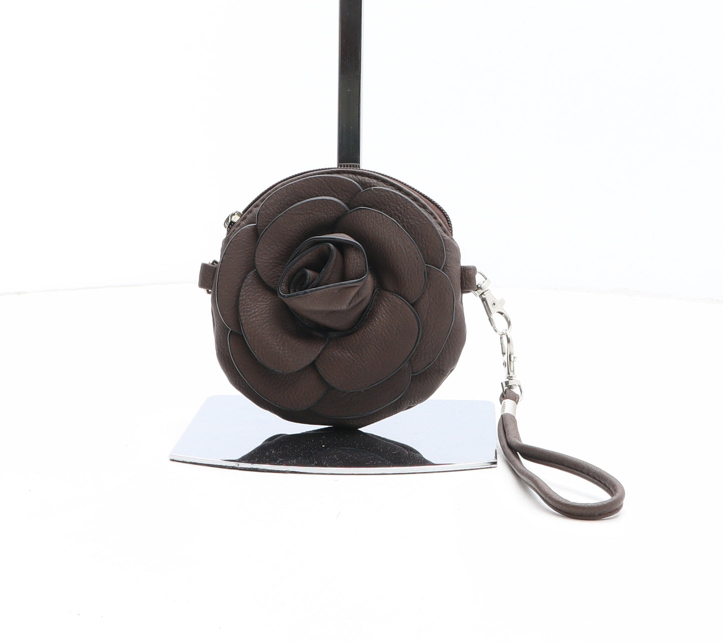 Preworn Womens Brown Solid Polyurethane Clutch Size Micro - Rose Detail, Belt Loop