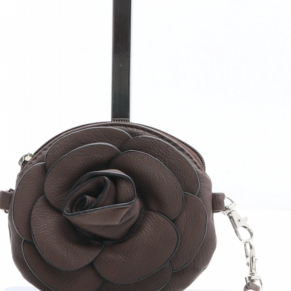 Preworn Womens Brown Solid Polyurethane Clutch Size Micro - Rose Detail, Belt Loop