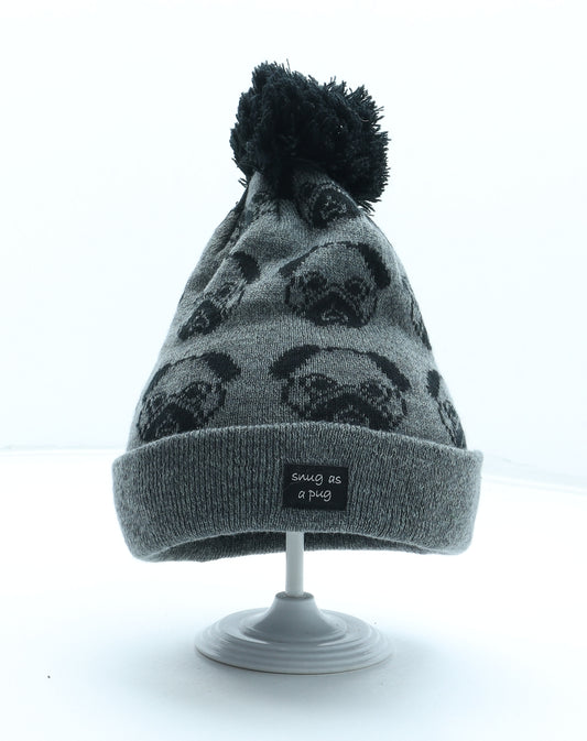 Preworn Womens Grey Geometric Acrylic Bobble Hat One Size - Snug as a Pug