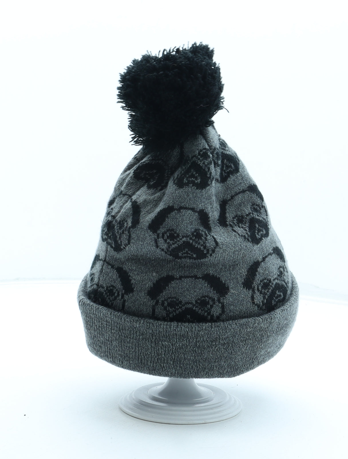 Preworn Womens Grey Geometric Acrylic Bobble Hat One Size - Snug as a Pug