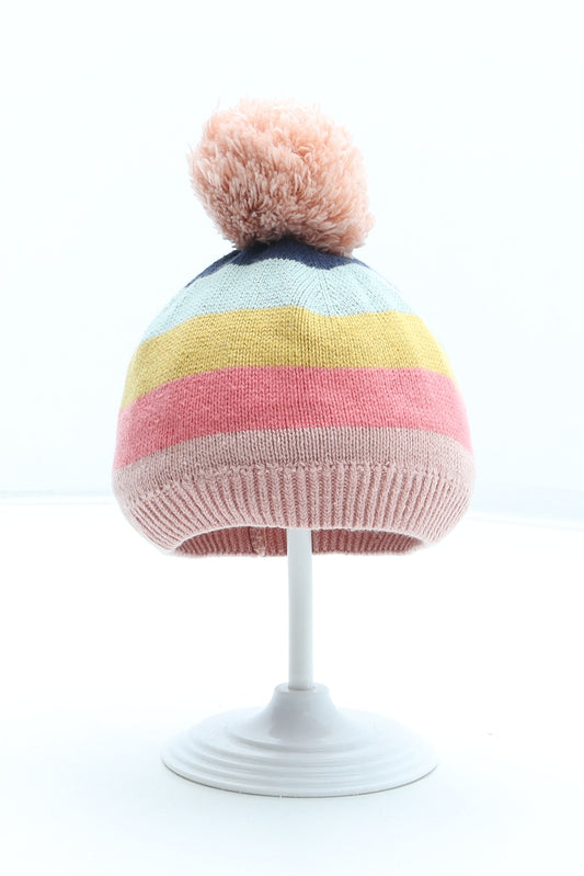 F&F Girls Multicoloured Striped 100% Cotton Bobble Hat One Size