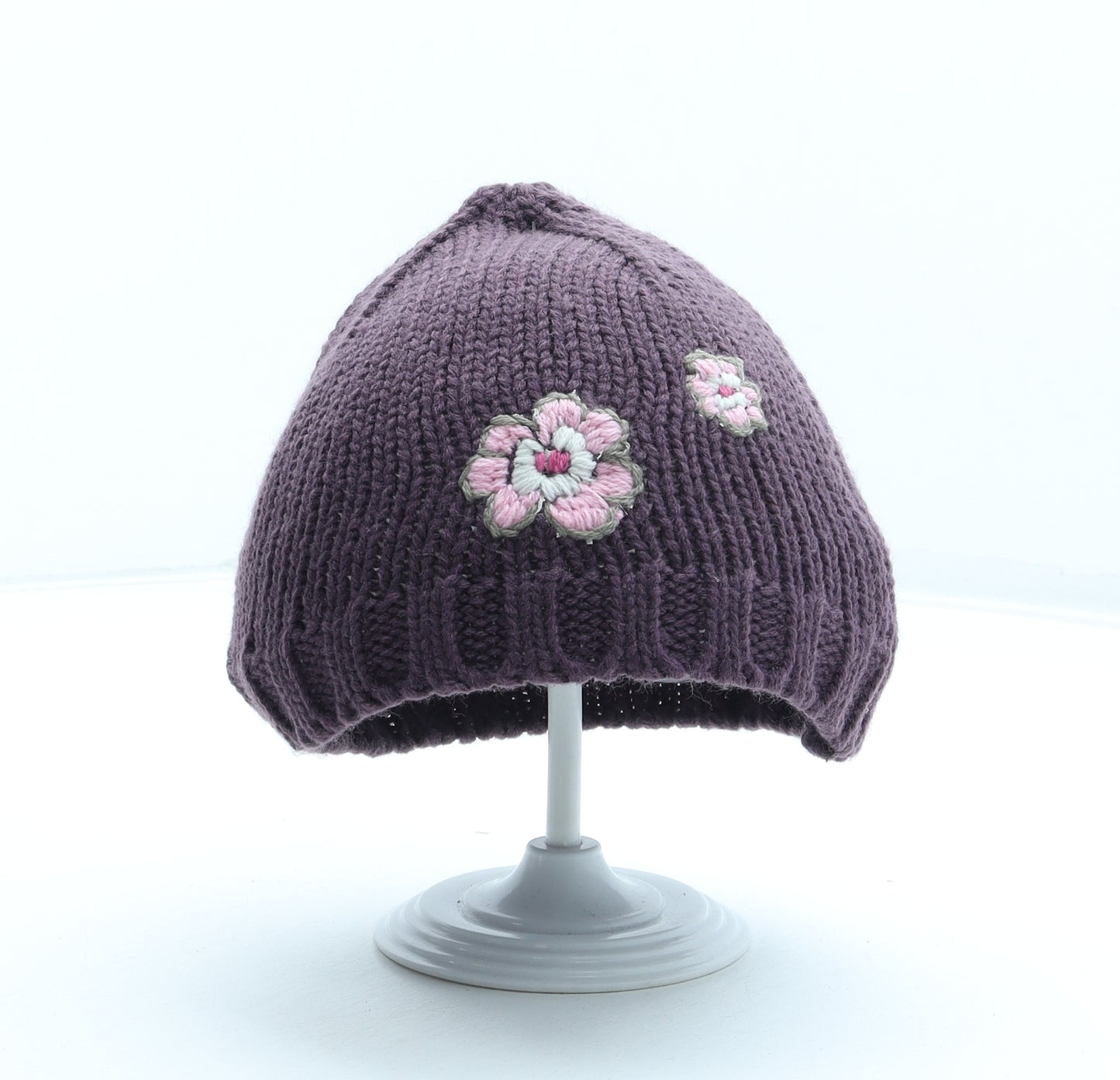 Preworn Womens Purple Acrylic Beanie One Size - Flower Detail