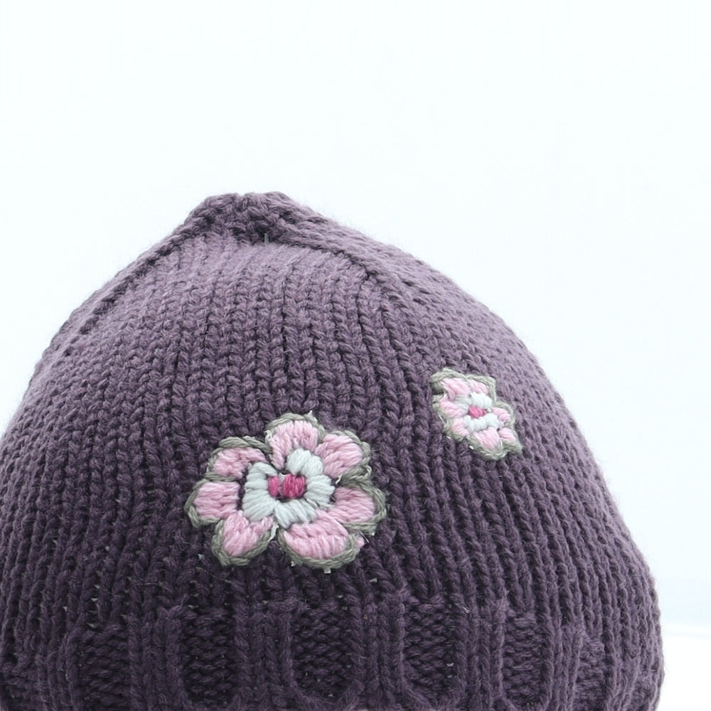 Preworn Womens Purple Acrylic Beanie One Size - Flower Detail