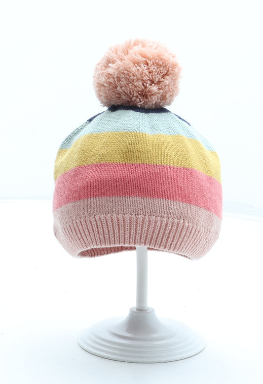 F&F Girls Multicoloured Striped 100% Cotton Bobble Hat One Size - Size 9-12 Months