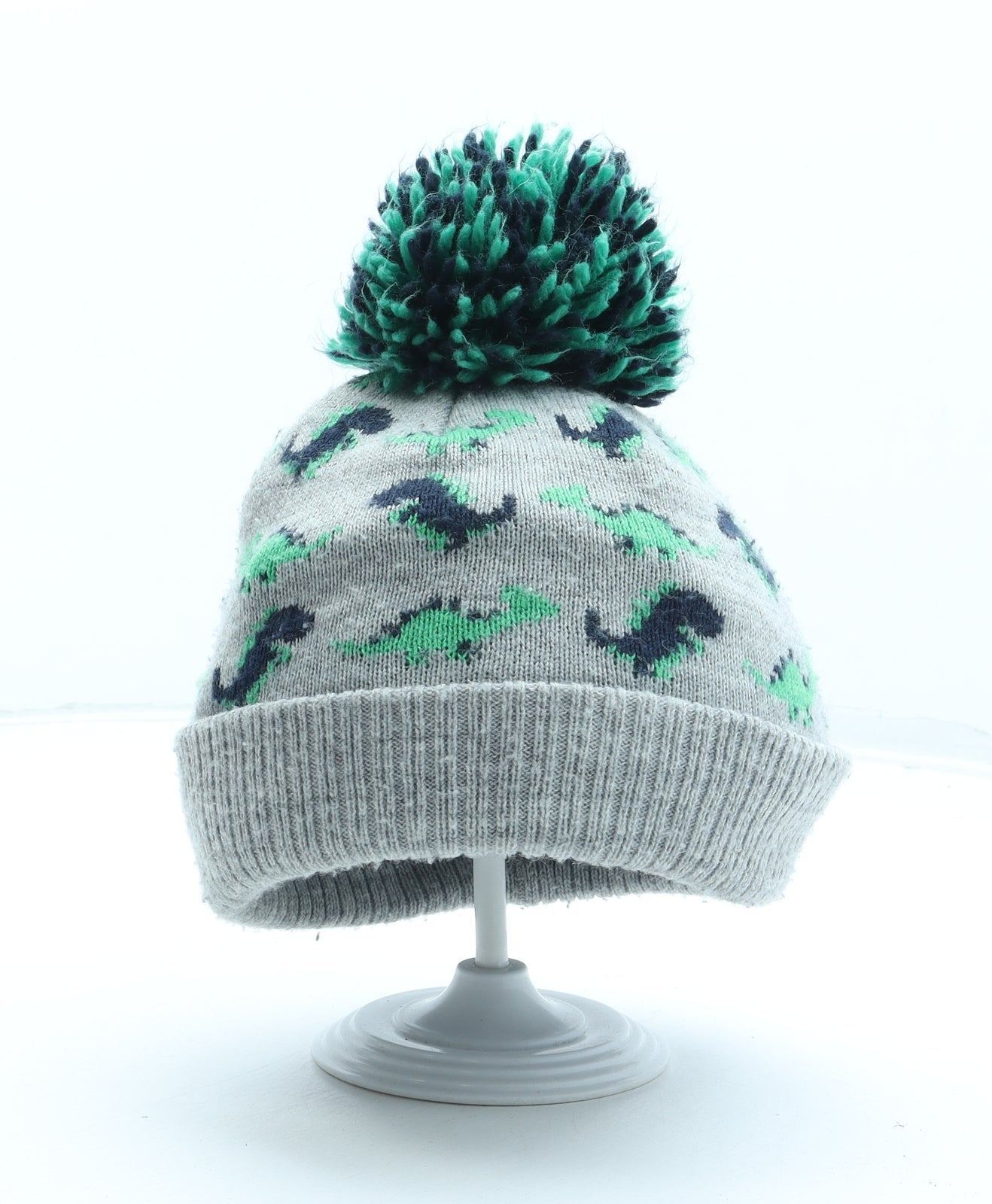 NEXT Boys Grey Geometric Acrylic Bobble Hat Size S - Dinosaur 3-4 Years