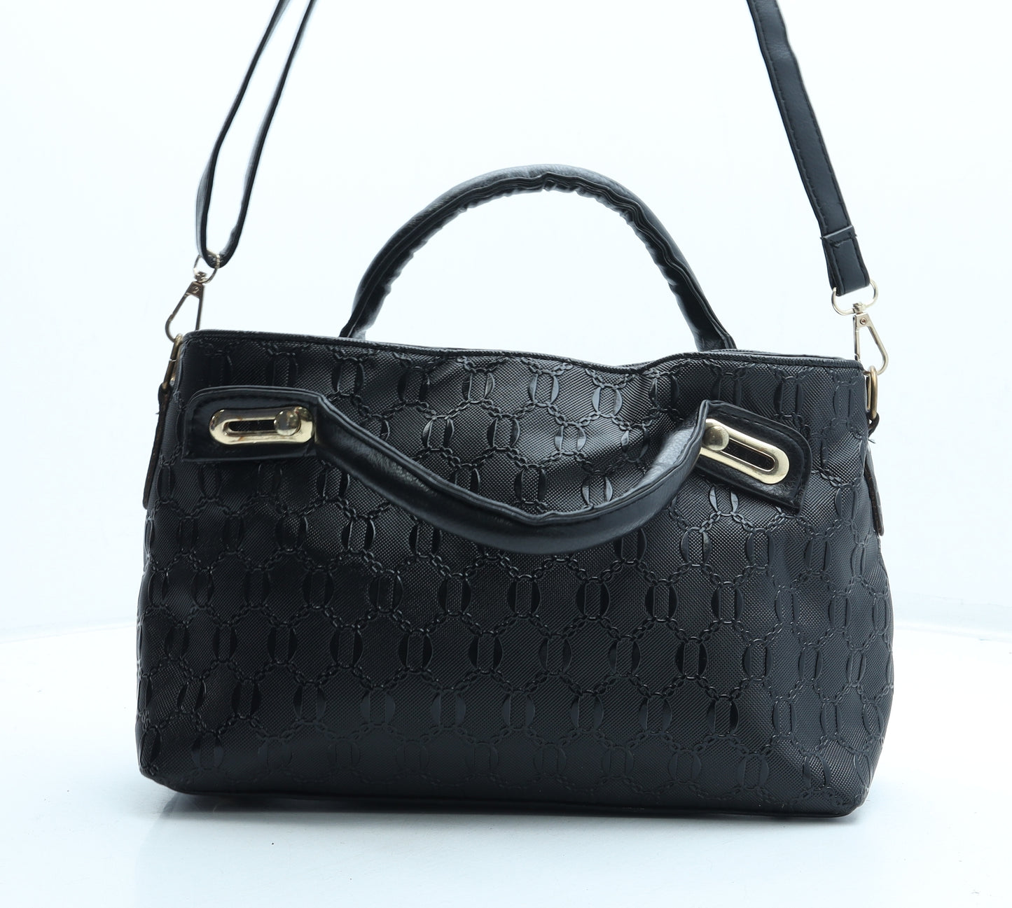 Preworn Womens Black Geometric Polyurethane Hobo Bag Size Medium