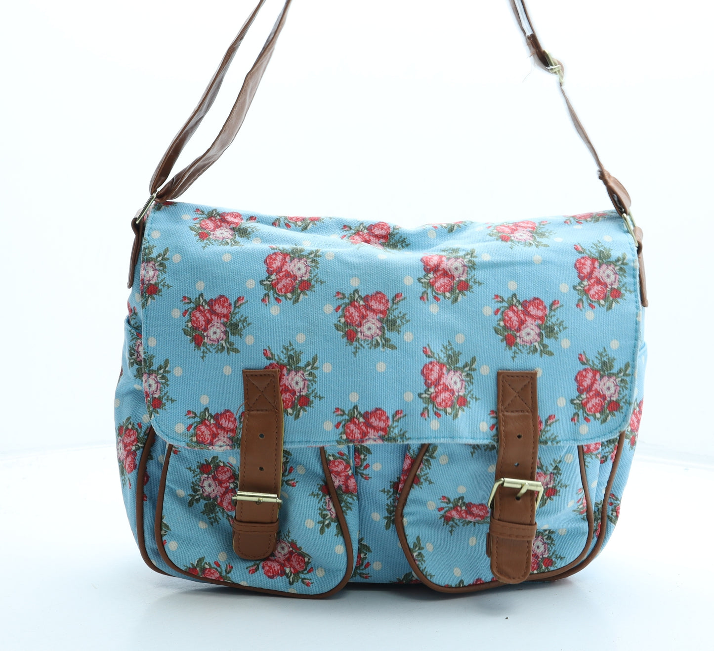 Preworn Womens Blue Floral Polyester Messenger Bag Size Medium