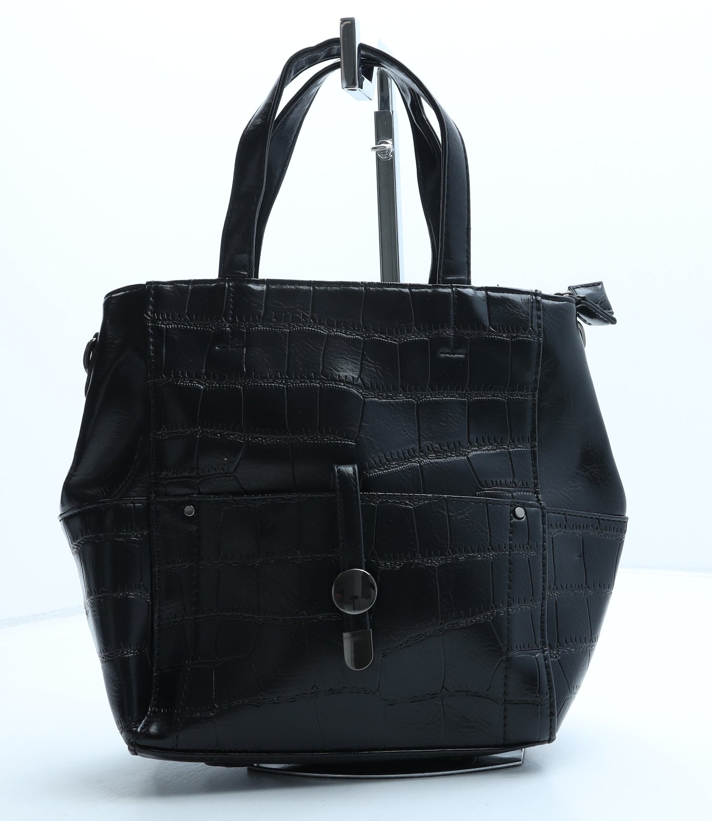 Preworn Womens Black Polyurethane Top Handle Bag Size Small - Croc Texture