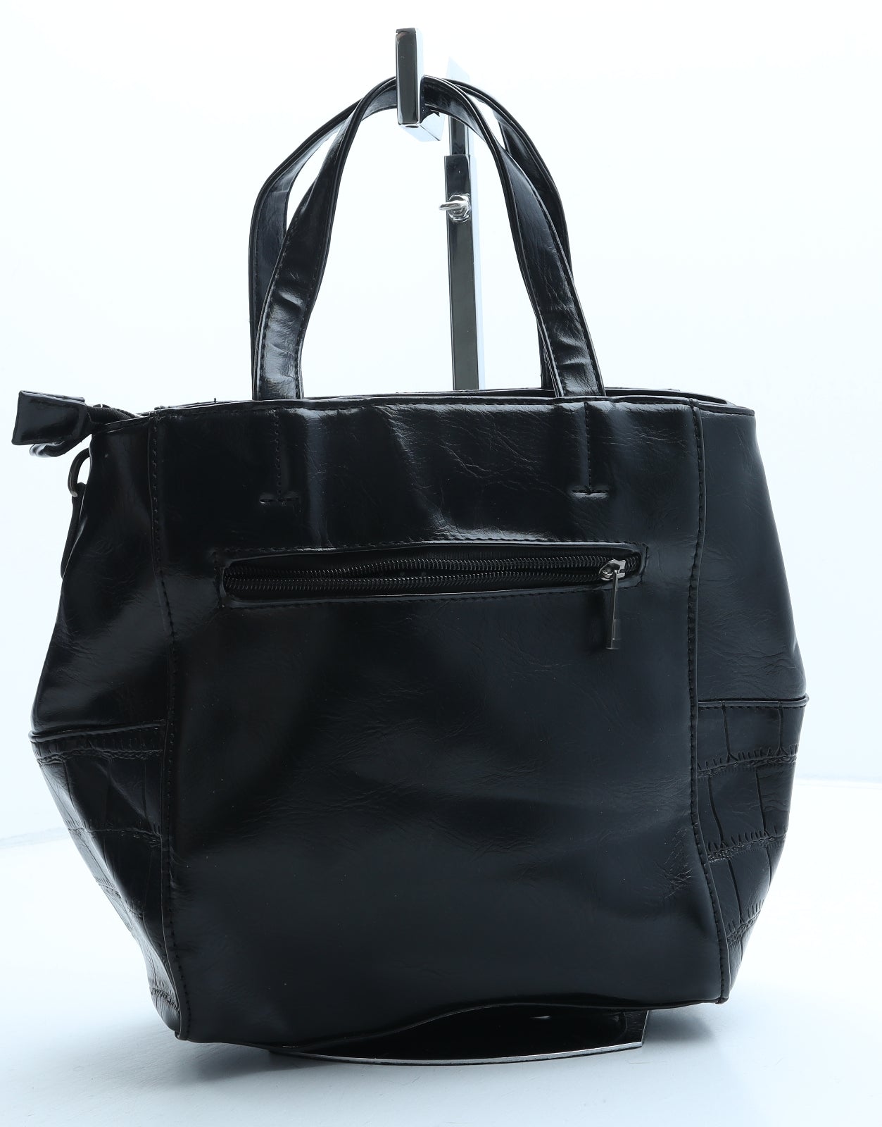 Preworn Womens Black Polyurethane Top Handle Bag Size Small - Croc Texture