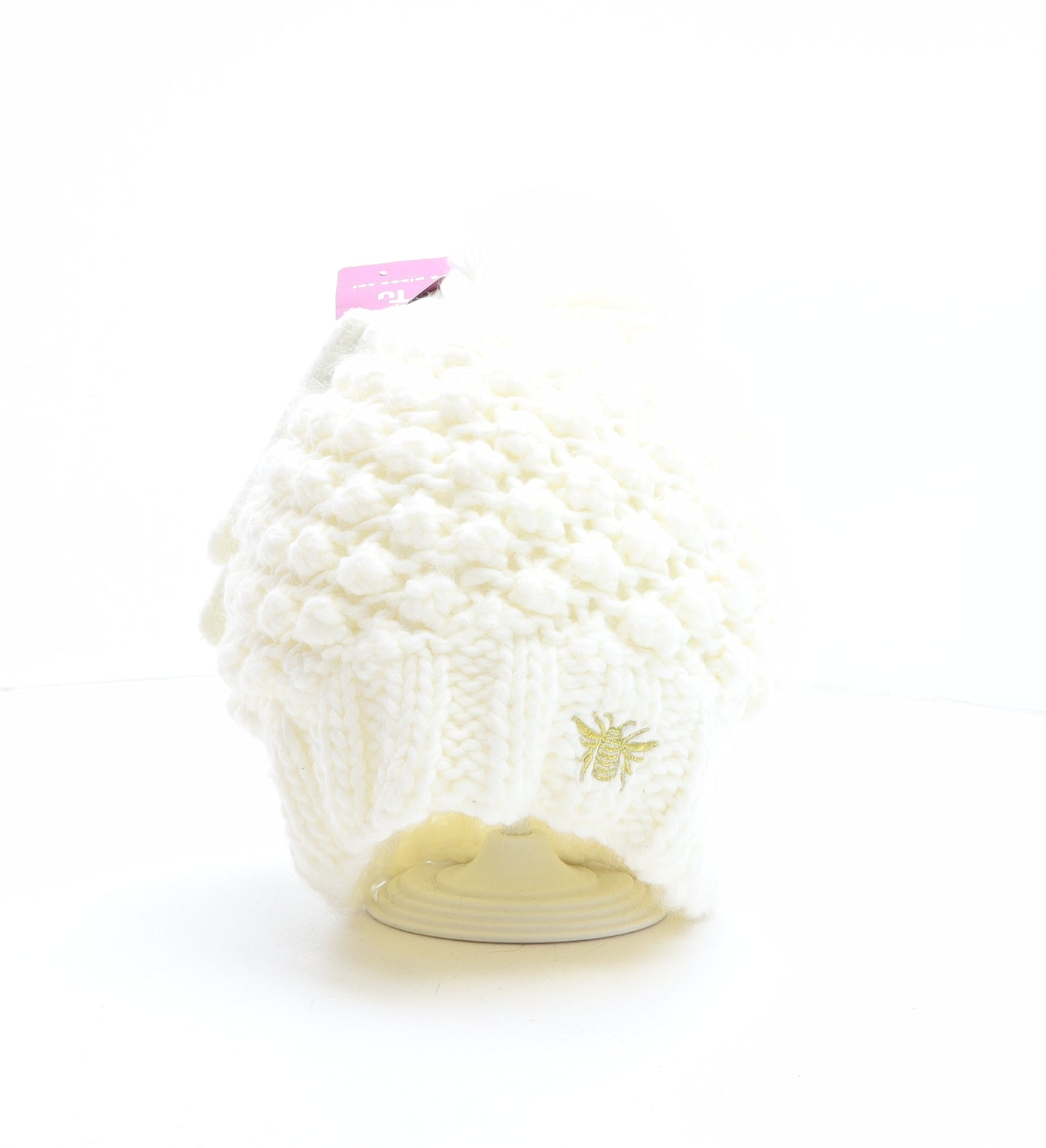 TU Girls Ivory Acrylic Bobble Hat One Size - Size 11-12 years, Gloves included, Bee Detail