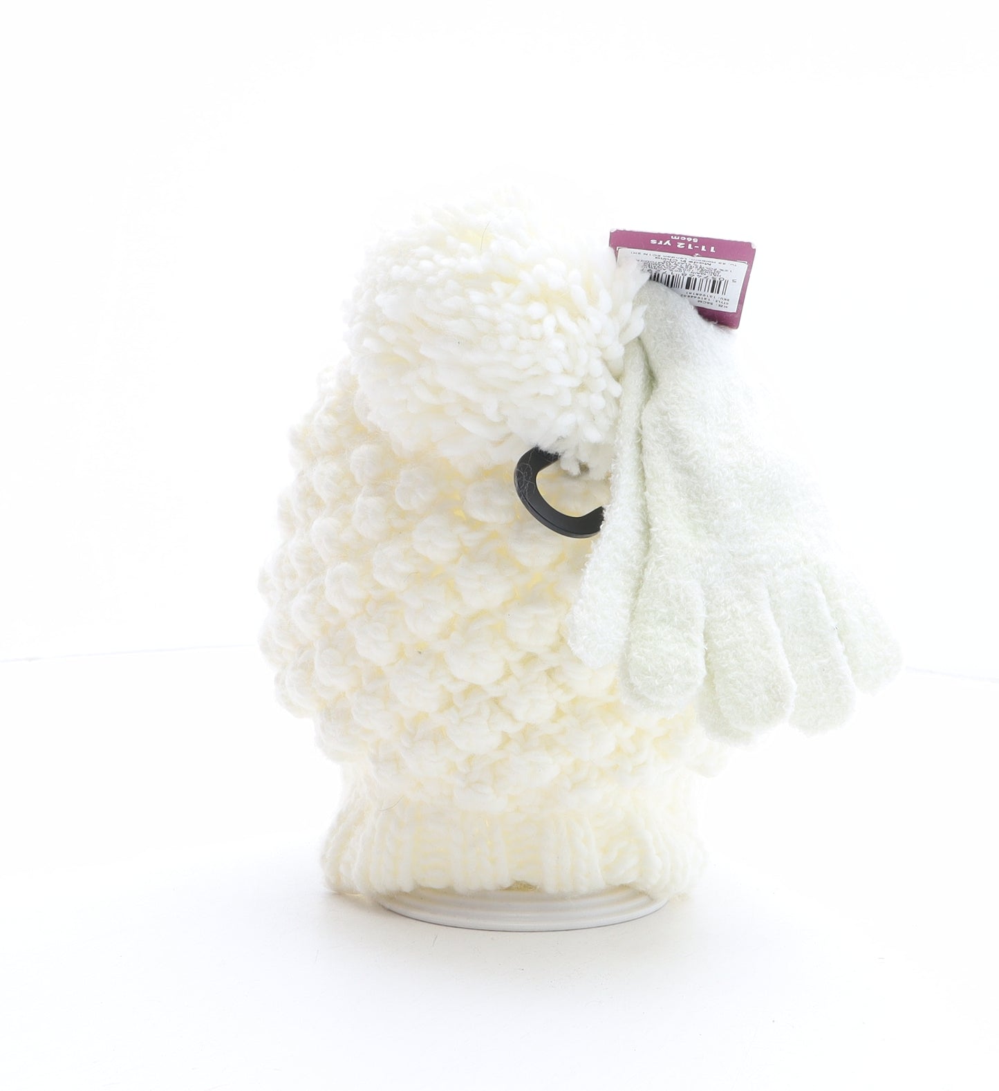 TU Girls Ivory Acrylic Bobble Hat One Size - Size 11-12 years, Gloves included, Bee Detail